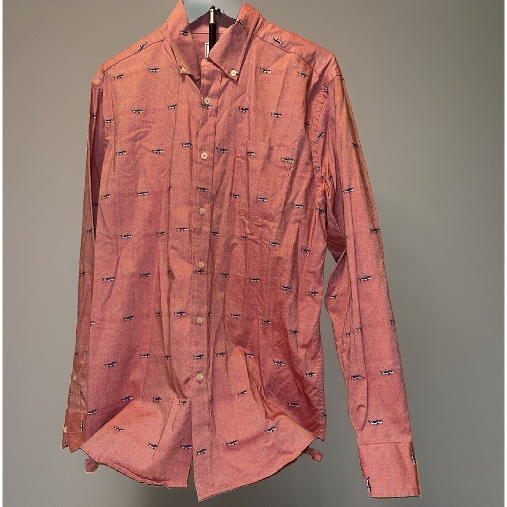 Men's Southern Tide Red Long sleeve Shark Print Button Down Shirt Size Large